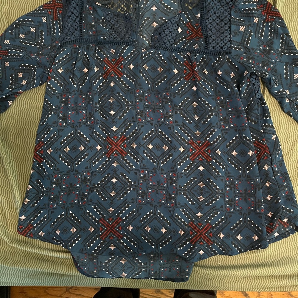 Rewind Blue and Red Geometric Women's Blouse